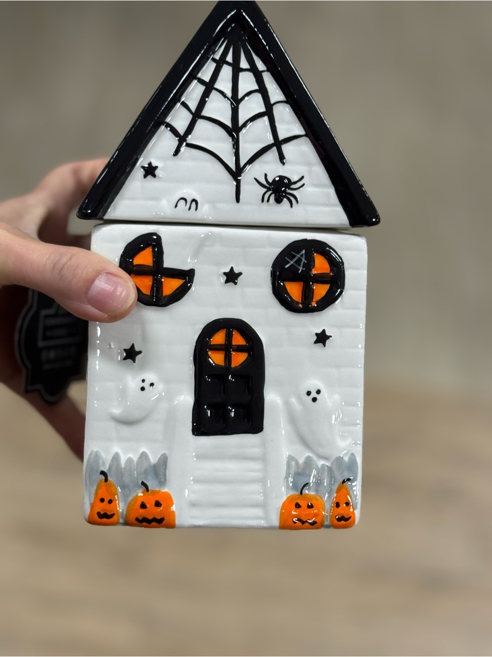 Halloween Ceramic Haunted House canister - White and Black with Orange Accents